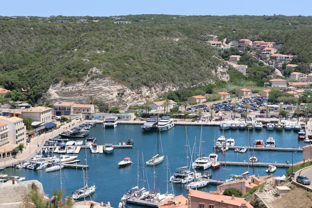 Aerial view of Bonifacio marina with yachts and lush greenery in Corsica, France.